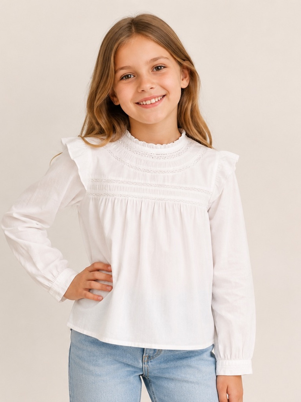 Zara Kids White Lace Yoke Long-Sleeve Blouse Size 13/14